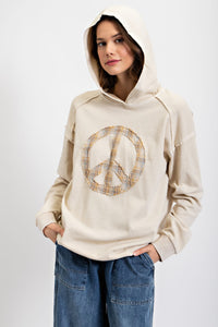 Easel Pullover Hoodie with Peace Sign Patch in Oatmeal Shirts & Tops Easel   