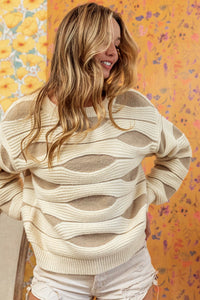 BiBi Textured Geometric Pattern Sweater in Ivory/Taupe Shirts & Tops BiBi   