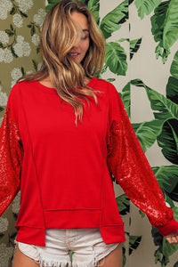 BiBi Sequin Sleeve Top with Uneven Hemline in Red Shirts & Tops BiBi   