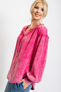 Easel Mineral Washed Cotton Gauze Tunic Top in Magenta Rose Shirts & Tops Easel   