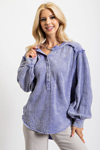 Easel Mineral Washed Cotton Gauze Tunic Top in Lilac Blue Shirts & Tops Easel   