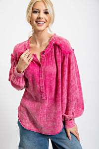 Easel Mineral Washed Cotton Gauze Tunic Top in Magenta Rose Shirts & Tops Easel   