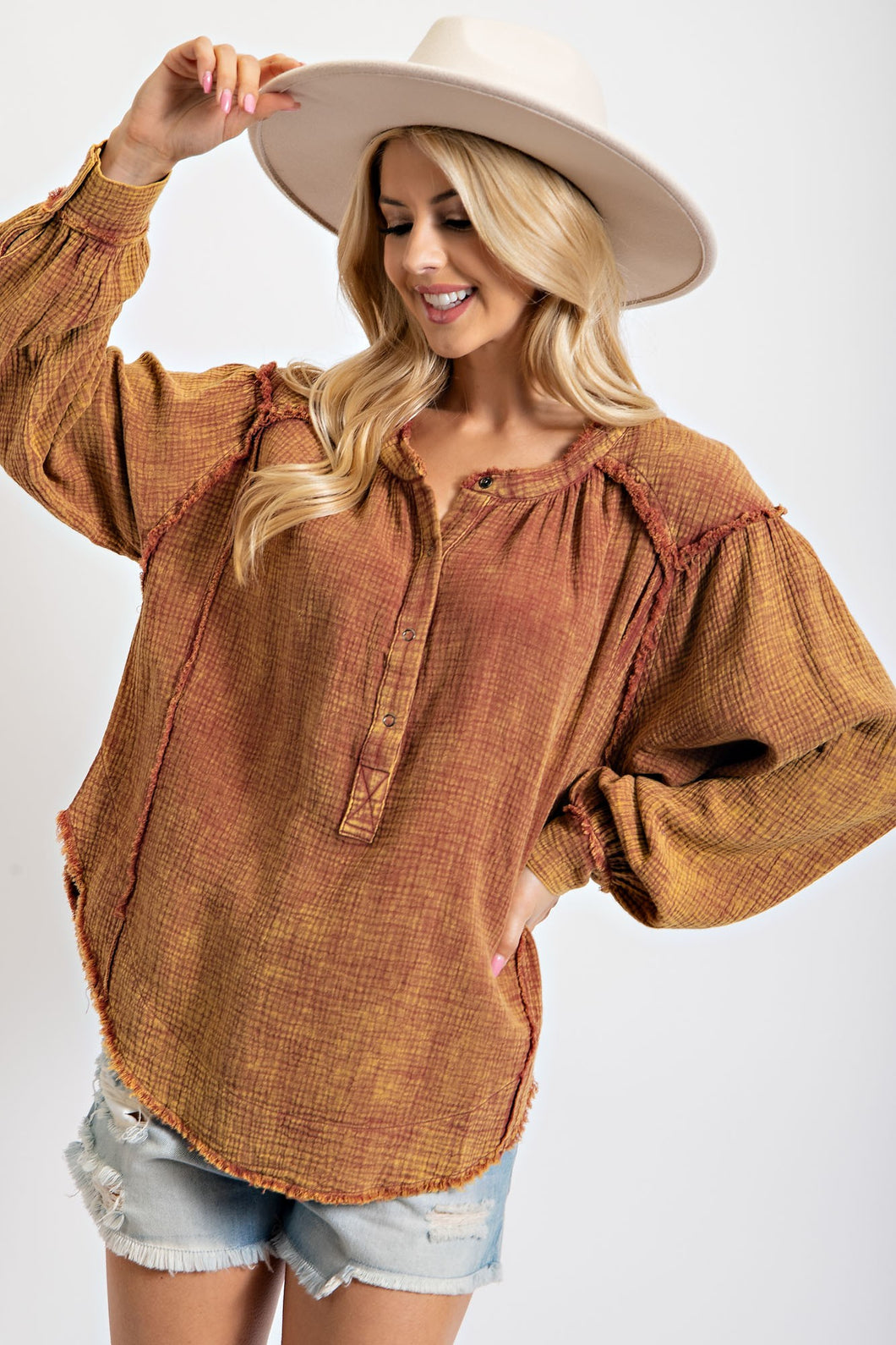 Easel Mineral Washed Cotton Gauze Tunic Top in Cinnamon ON ORDER ESTIMATED ARRIVAL OCTOBER Shirts & Tops Easel   