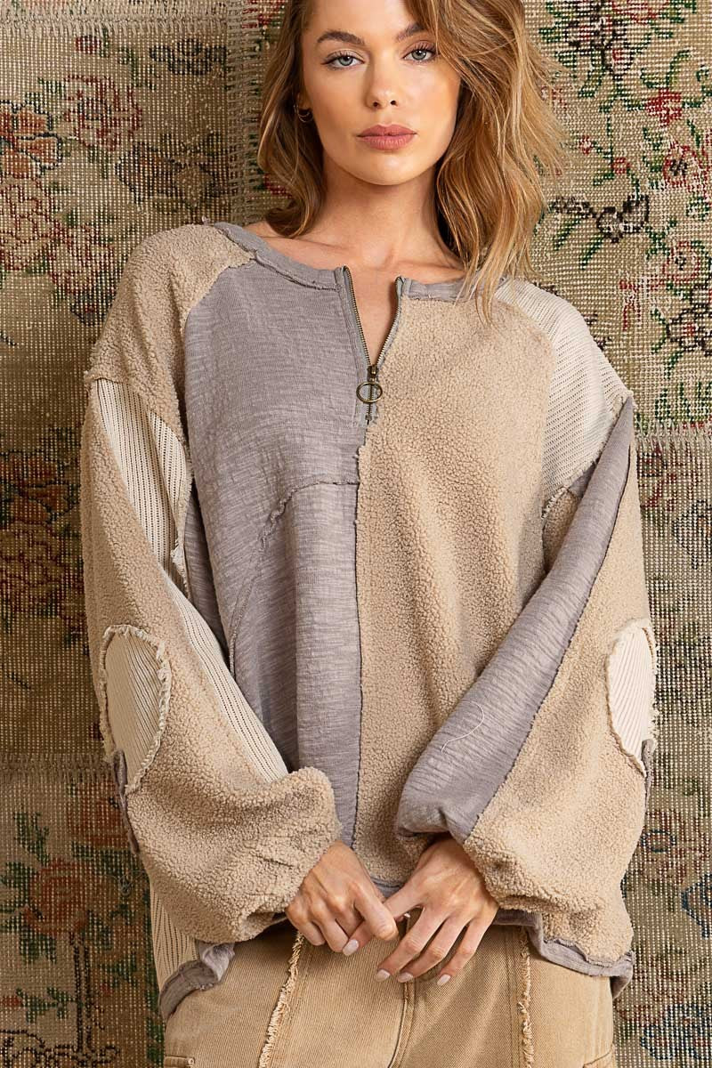 POL 1/2 Zipper Neck Sweater Top in Beige Multi Shirts & Tops POL   