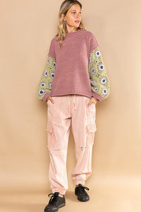 POL Chenille Sweater with Crochet Sleeves in Mauve Grass Multi Shirts & Tops POL Clothing   