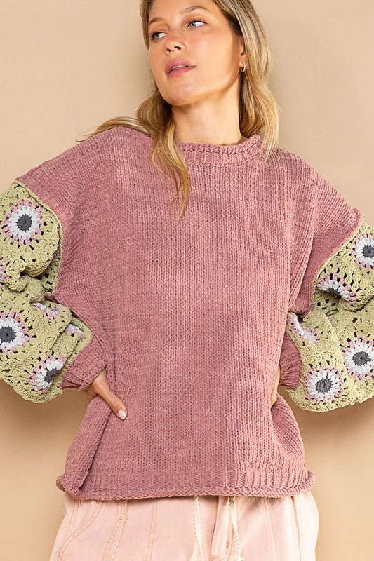 POL Chenille Sweater with Crochet Sleeves in Mauve Grass Multi Shirts & Tops POL Clothing   