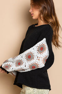 POL Chenille Sweater with Crochet Sleeves in Black Ash Multi Shirts & Tops POL Clothing   