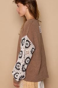 POL Chenille Sweater with Crochet Sleeves in Choco Almond Shirts & Tops POL Clothing   
