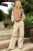POL Chenille Sweater with Crochet Sleeves in Choco Almond Shirts & Tops POL Clothing   