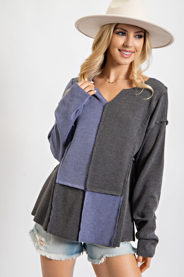 Easel Ribbed Knit Color Block Top in Blue Grey Shirts & Tops Easel   