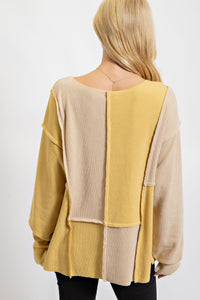 Easel Ribbed Knit Color Block Top in Sand Beach Shirts & Tops Easel   