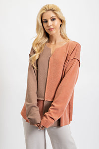 Easel Ribbed Knit Color Block Top in Rust Mocha Shirts & Tops Easel   