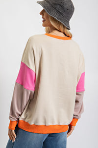 Easel Terry Knit Color Block Pullover Top in Stone Pink Shirts & Tops Easel   