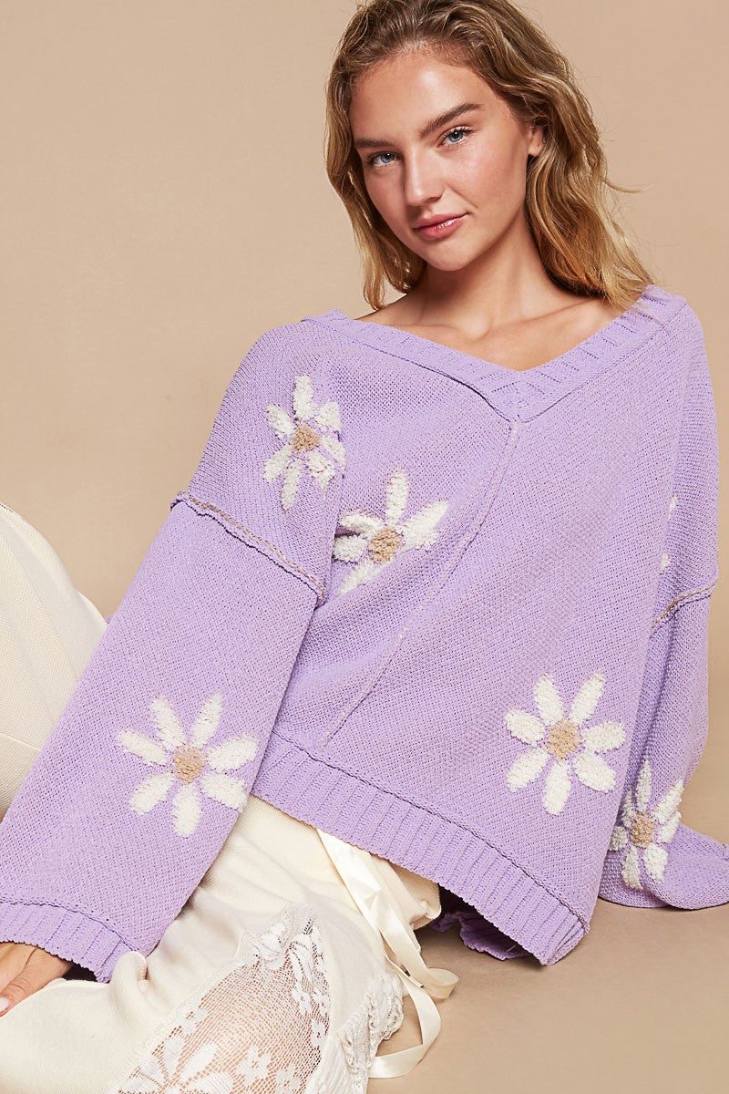 POL Berber Flower Print Chenille Sweater in Lavender