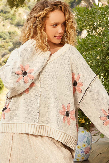 POL Berber Flower Print Chenille Sweater in Pale Almond