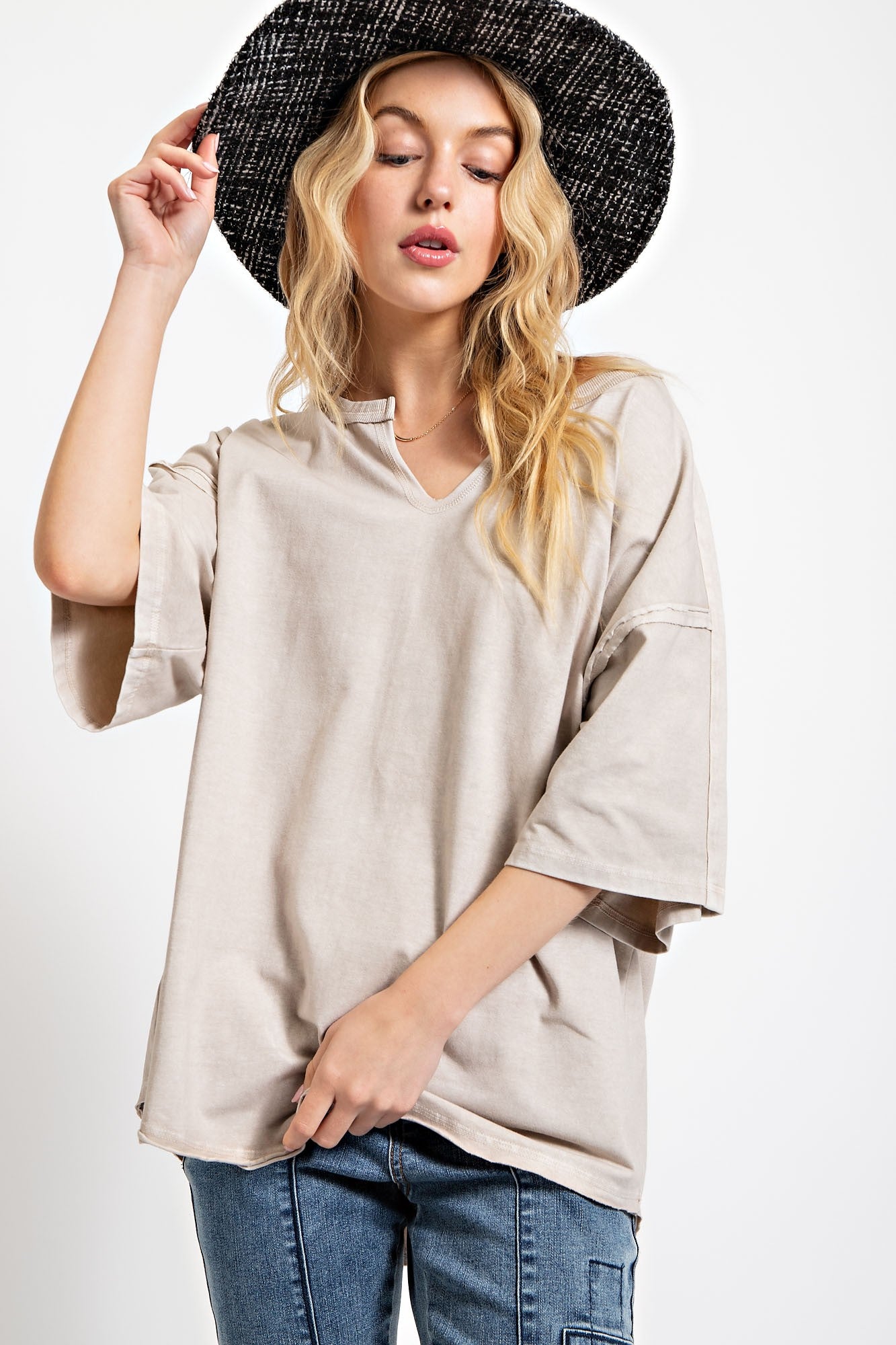 Easel Cotton Jersey Oversized Top in Stone June Adel