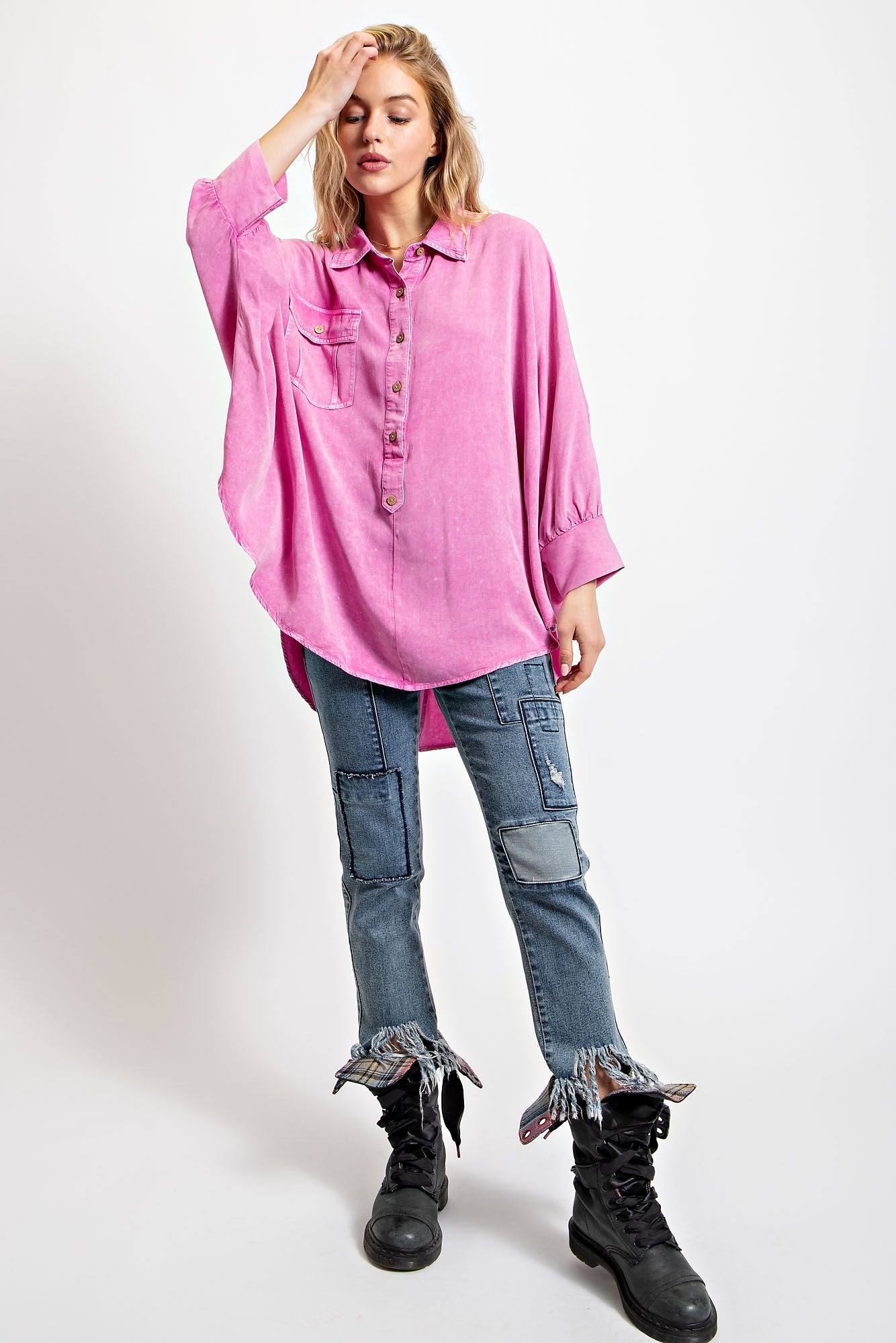 Easel OVERSIZED Solid Color Dolman Sleeve Top in Orchid – June Adel