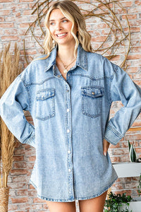 First Love Washed Denim Button Down Shirt ON ORDER Shirts & Tops First Love   