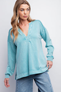 Easel Terry Knit Pullover in Turquoise Shirts & Tops Easel   