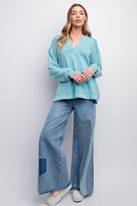 Easel Terry Knit Pullover in Turquoise Shirts & Tops Easel   