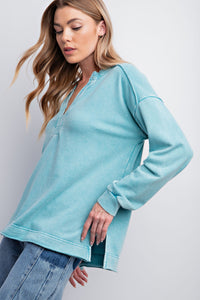 Easel Terry Knit Pullover in Turquoise Shirts & Tops Easel   