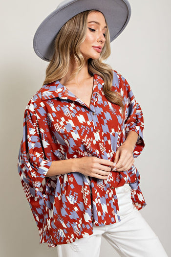 ee:some OVERSIZED Mixed Print Top in Terracotta