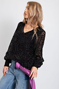 Easel Animal Print Top with Burnout Sleeves in Black Shirts & Tops Easel   