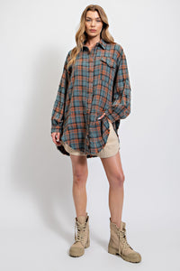 Easel Mineral Washed Loose Fit Plaid Button Front Shirt in Vintage Teal Shirts & Tops Easel   