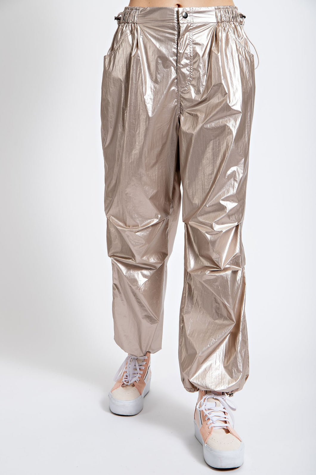 Easel Metallic Parachute Cargo Pants in Champagne Pants Easel   