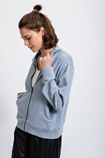 Easel Solid Color Stone Washed Zip Up Jacket in Faded Blue