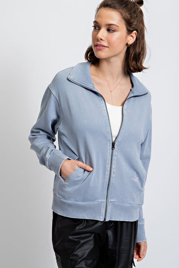 Easel Solid Color Stone Washed Zip Up Jacket in Faded Blue