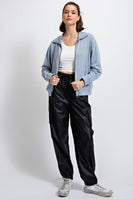 Easel Solid Color Stone Washed Zip Up Jacket in Faded Blue