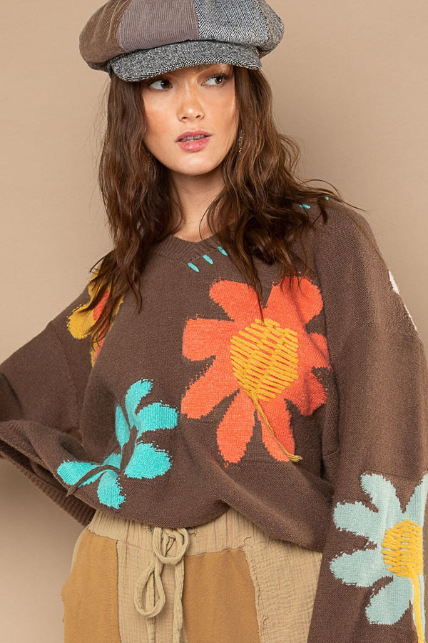 POL Floral Pattern Print Sweater in Chocolate Sweaters POL Clothing   