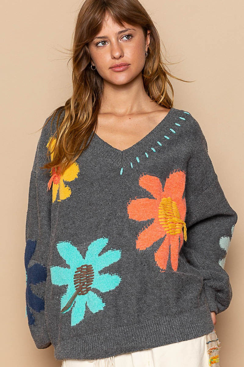 POL Floral Pattern Print Sweater in Charcoal – June Adel