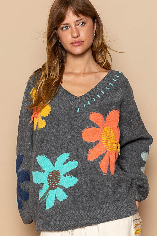 POL Floral Pattern Print Sweater in Charcoal Sweaters POL Clothing   