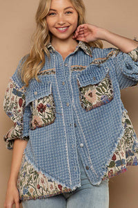 POL Oversized  Button Down Jacket with Jacquard Print Details in Denim Shirts & Tops POL Clothing   