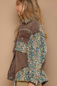 POL Oversized  Button Down Jacket with Jacquard Print Details in Chocolate Multi Shirts & Tops POL Clothing   