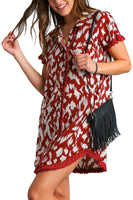 Umgee Collared Button Down High Low Hem Dress with Unfinished Frayed Hem in Wine Mix