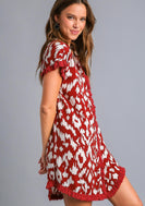 Umgee Collared Button Down High Low Hem Dress with Unfinished Frayed Hem in Wine Mix