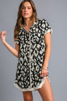 Umgee Collared Button Down High Low Hem Dress with Unfinished Frayed Hem in Black Mix