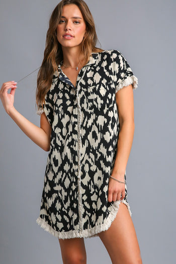 Umgee Collared Button Down High Low Hem Dress with Unfinished Frayed Hem in Black Mix