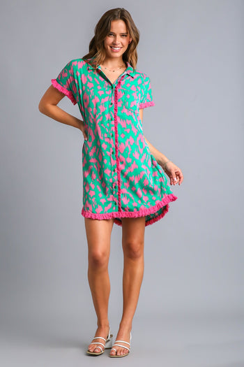 Umgee Collared Button Down High Low Hem Dress with Unfinished Frayed Hem in Emerald Mix