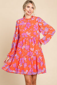 Jodifl Flower Print Chiffon Tiered Dress in Orange/Lavender Dresses Jodifl   