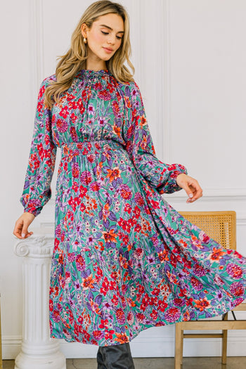 Oddi Floral Print Midi Dress in Green Multi