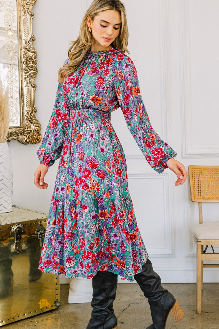 Oddi Floral Print Midi Dress in Green Multi – June Adel