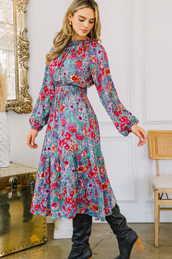 Oddi Floral Print Midi Dress in Green Multi