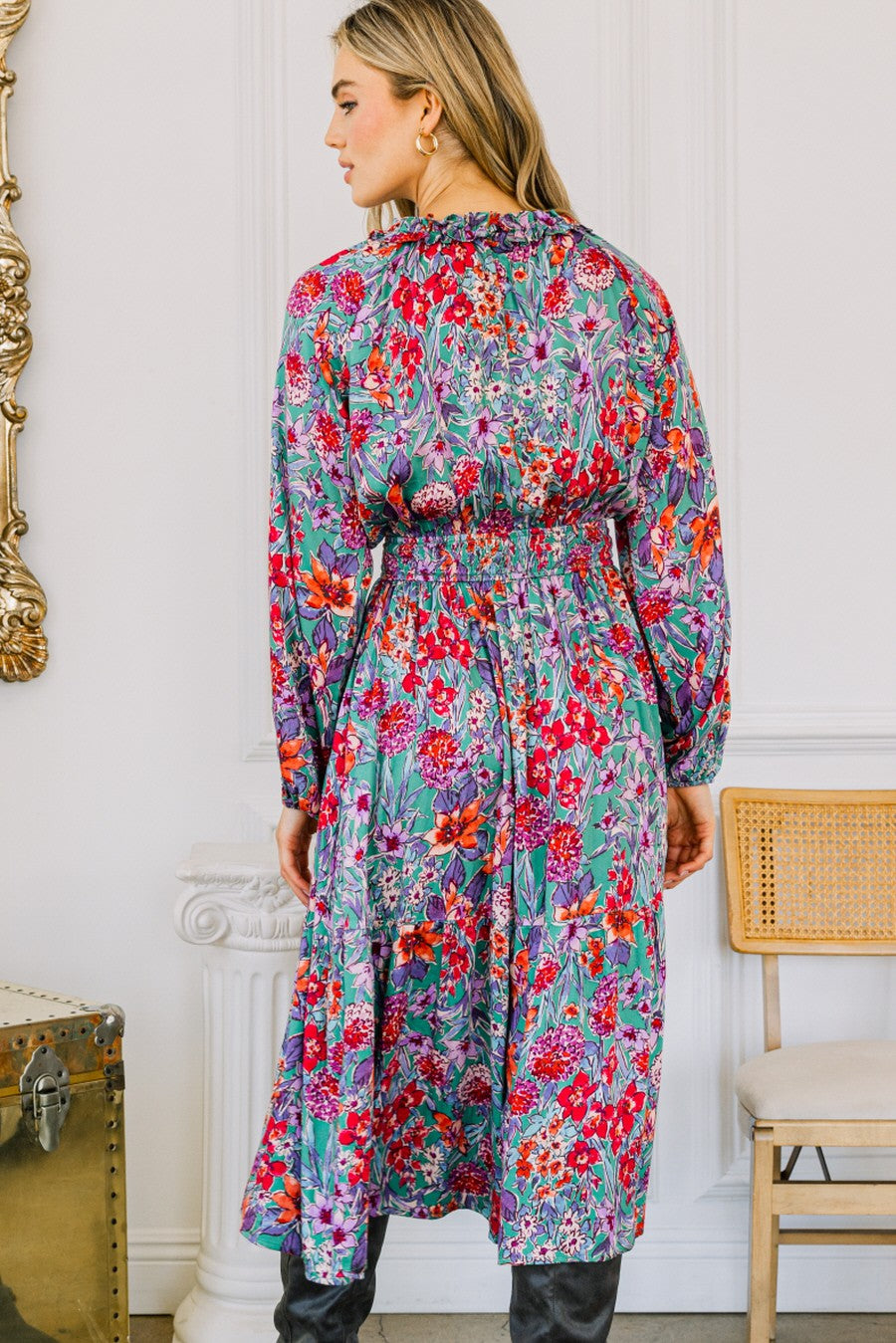 Oddi Floral Print Midi Dress in Green Multi – June Adel
