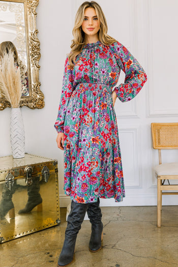 Oddi Floral Print Midi Dress in Green Multi