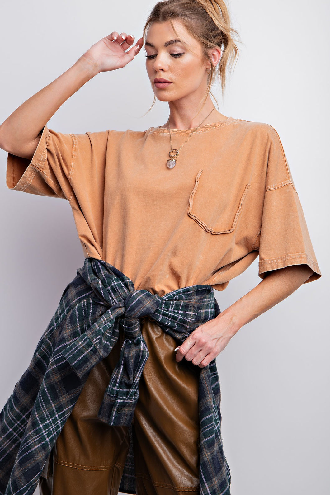 Easel Short Sleeve Mineral Wash Tunic Top in Toffee Shirts & Tops Easel   