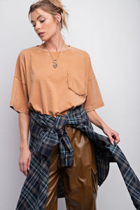 Easel Short Sleeve Mineral Wash Tunic Top in Toffee Shirts & Tops Easel   